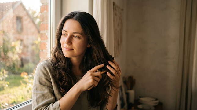 Young woman touching her long hair by window in warm afternoon sunlight