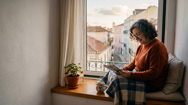 Mature woman reading tablet on window seat with European village view