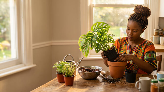 Woman repotting monstera plant by sunny window in earth-toned sweater
