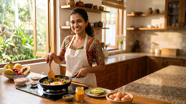Woman in apron stirring skillet with fresh vegetables and eggs in modern kitchen