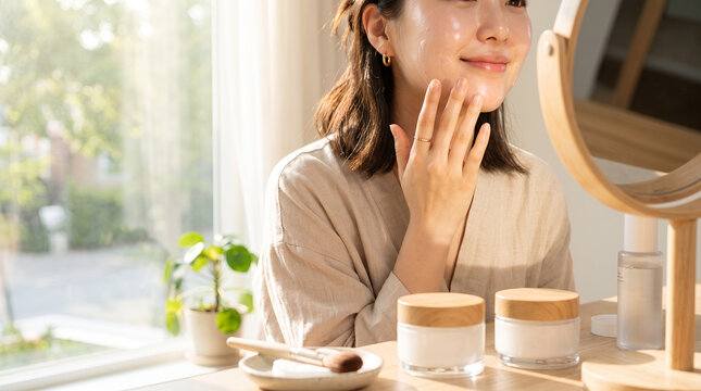 Young woman applying facial cream by bedroom mirror in natural light