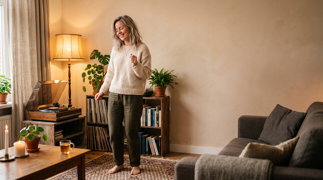 Woman standing by bookshelf in warm minimalist living room with record player