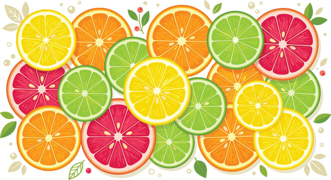 Fresh citrus fruit slices vector background with orange lemon lime and grapefruit