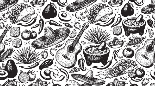 Mexican food and culture seamless pattern with tacos guitars sombreros and fresh ingredients in a detailed hand drawn style