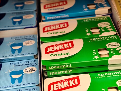Stockholm, Sweden-Nov.28th 2025: Close up of Jenkki xylitol chewing gum packs on retail display.