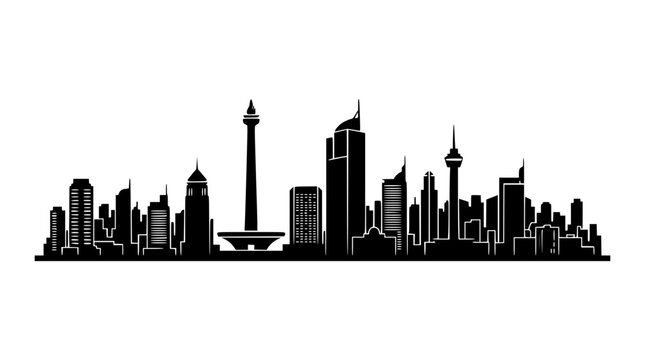 Jakarta Skyline Silhouette, Indonesia Cityscape, Monas Landmark, Modern Architecture