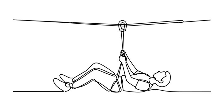 Continuous single line drawing of a person riding a zip line for extreme outdoor adventure activities and travel sports concept illustration art