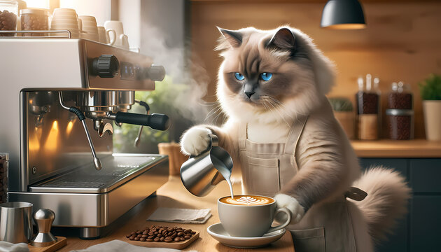 Fluffy ragdoll cat barista creates latte art in a cozy kitchen. Suitable for coffee shops, pet cafes, kitchen decor, and pet lover products.