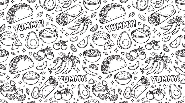 Mexican food seamless pattern with tacos burritos and guacamole in a hand drawn doodle style for menu design background