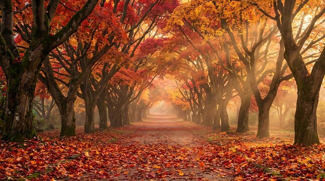 A breathtaking autumn forest path lined with vibrant red and orange maple trees under soft golden sunlight