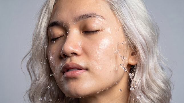 Young woman splashing face with fresh water for skincare