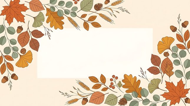 Autumnal botanical frame with fall leaves and acorns