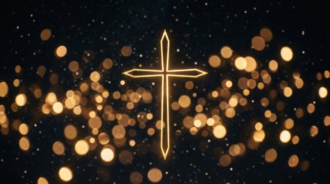 Silhouetted Christian cross with radiant lights on black background, symbolizing faith, church silhouette and bokeh