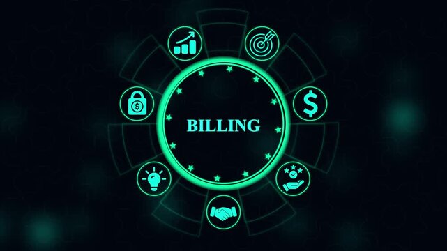 Digital interface with the word biling surrounded by glowing teal business including a graph target dollar sign handshake lightbulb and padlock