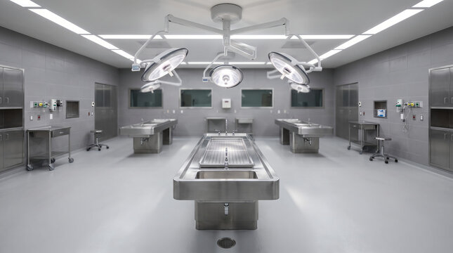 Empty medical autopsy laboratory room, with overhead surgical lights and stainless steel tables, positioned in wide perspective view, sterile hospital interior, medical laboratory photography