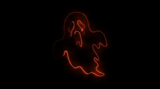 Neon orange glowing ghost outline appearing on black background for halloween celebration.