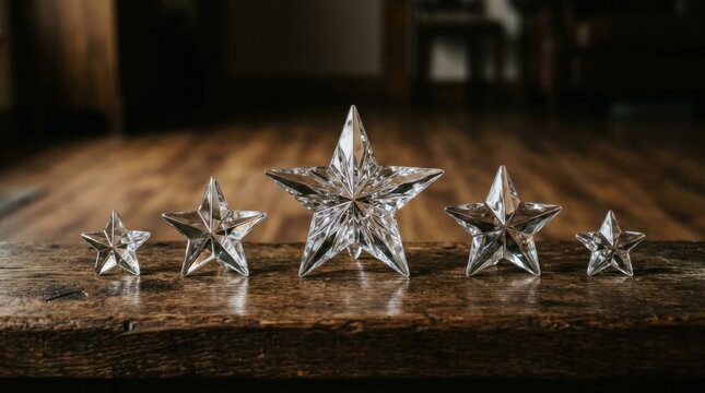 Arrangement of transparent star-shaped awards in a professional corporate environment on star shaped lined up table