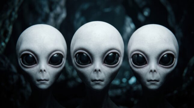 Alien humanoid figures emerging from dense fog, depicting uncertainty and a science Mysterious group