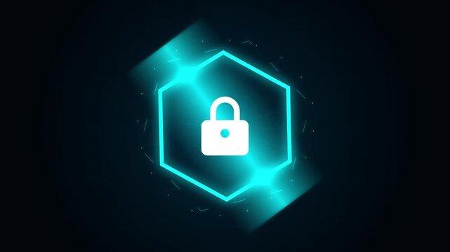 Digital security padlock icon inside a glowing neon hexagon on a dark background.