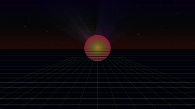 This seamless looping background features a glowing neon sun setting over a digital wireframe grid.