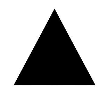 Minimalist black triangle vector icon, geometric equilateral triangle shape, solid black silhouette element for graphic design and branding