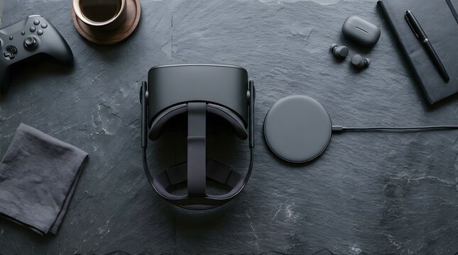 Virtual reality headset and gaming accessories on dark slate surface, top down view.