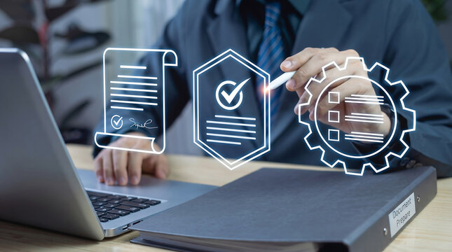 Quality assurance and compliance concept, businessman working with digital certification icons, corporate standards and regulatory document management