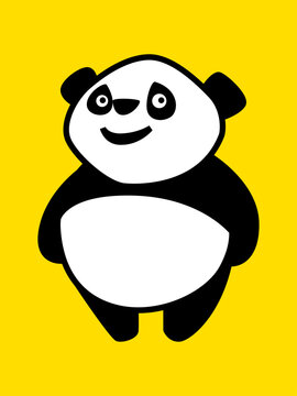 A cheerful, stylized illustration of a standing panda bear, rendered in black and white on a bright yellow background.