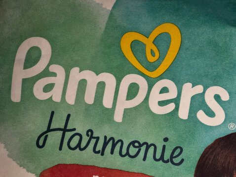 Stockholm, Sweden-Nov.28th 2025: Pampers Harmonie brand logo on package close up