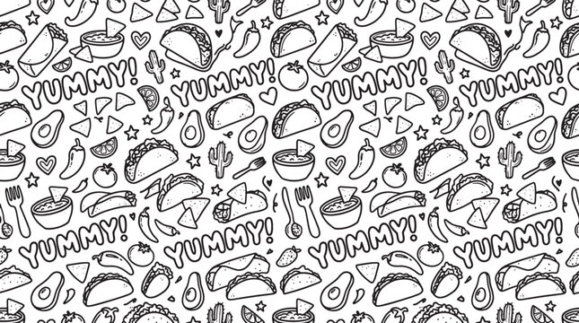 Mexican food pattern with tacos burritos and chili peppers in a hand drawn doodle style for culinary design