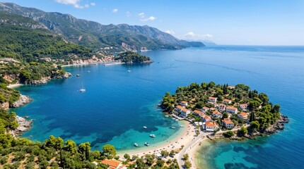 Fototapeta premium Sveti Stefan Island near Budva, Montenegro: Adriatic Sea Beaches and Coastline in of Budva Montenegro