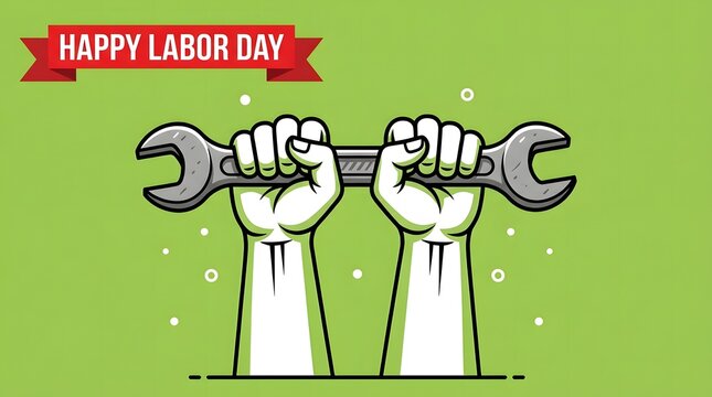 Happy labor day illustration featuring two hands raised holding a metal wrench on a green background