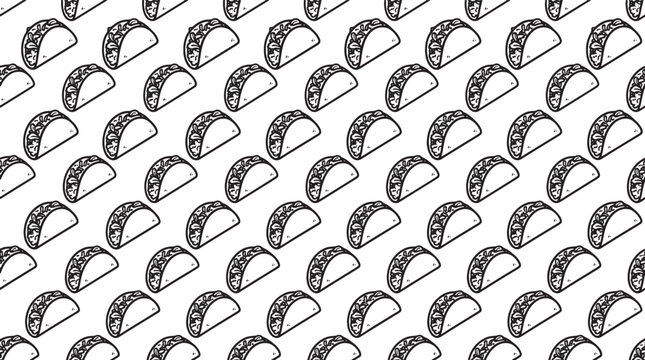 Seamless pattern of hand drawn tacos featuring a repeating monochrome outline design for food packaging and textile print backgrounds