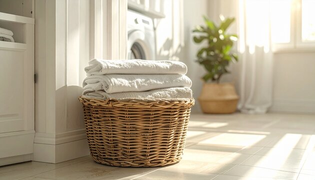 Laundry Basket with Clean Clothes in Bright Home Interior