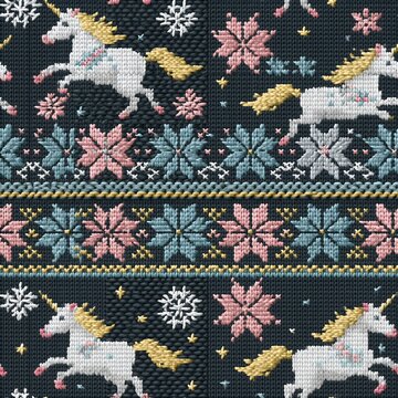 Cross stitch seamless pattern with unicorns and snowflakes snowflake seamless embroidery needlepoint background ornament creative wallpaper repeating illustration mythical needlework