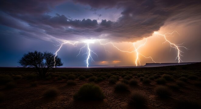 Dramatic stormy sky with intense lightning over arid landscape at sunset with dry terrain during twilight hours evoking raw power natural beauty captures breathtaking scene