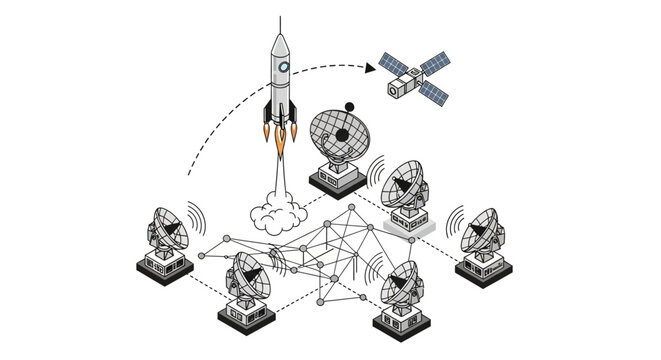 Rocket launch initiates a sequence of satellite deployment monitored by a network of ground dishes.