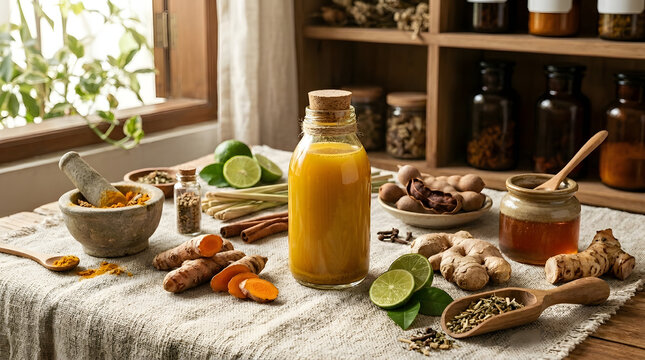 Traditional jamu herbal drink surrounded by turmeric, lemongrass, ginger, and honey on a rustic table.