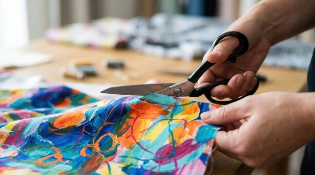 Close-up of woman's hands cutting vibrant fabric with scissors, creative arts and a holding scissors while