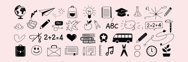 Back to school chalk doodles on blackboard with hand drawn education icons, books, science symbols, stationery and cute classroom elements in charcoal crayon vector style © Md. Haaider Ali