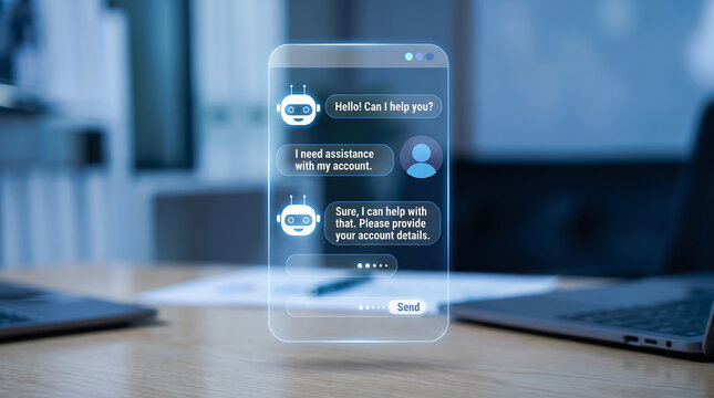 Futuristic AI chatbot interface on transparent smartphone screen, virtual assistant customer support chat, digital artificial intelligence help desk