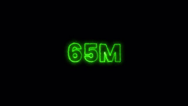 65M glowing animation,65M views like and comment animation, 65 Million achievement for social media 4K video animation with alpha channel.