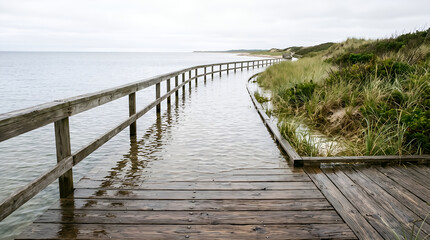 Fototapeta premium Realistic coastal flooding affecting public boardwalk infrastructure, ideal for climate adaptation reports, environmental publications, insurance, and sustainability communication.