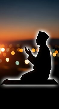Silhouette person kneeling in prayer with glowing light background with gradient sunset sky soft bokeh lights creating serene contemplative atmosphere depicts single silhouette