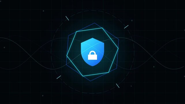 Digital security shield with padlock icon and abstract futuristic background.