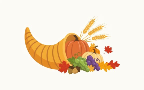 Traditional cornucopia filled with autumn harvest vegetables and fruits for a festive thanksgiving day celebration illustration