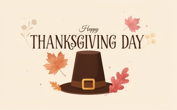 Festive thanksgiving day greeting card featuring a traditional pilgrim hat surrounded by colorful autumn fall leaves