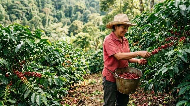 Anonymous worker harvesting ripe red berries on coffee plantation in Quindio region, From above of crop gloves