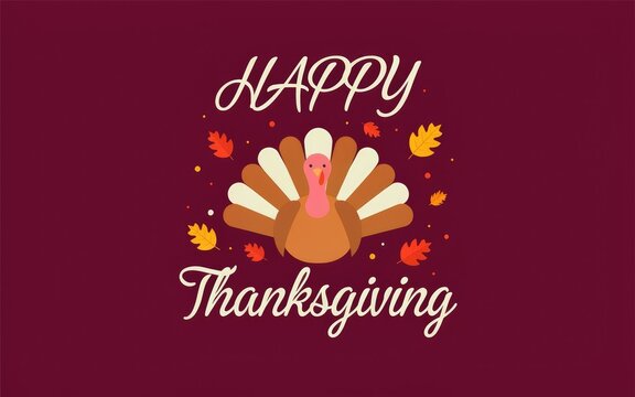 Festive happy thanksgiving day greeting card design featuring a cute turkey and colorful autumn leaves illustration