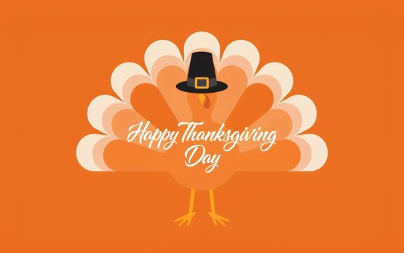 A festive illustration of a turkey wearing a pilgrim hat celebrating the holiday thanksgiving day event